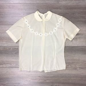Vintage Sybil Sheer Blouse Daisies Cream White